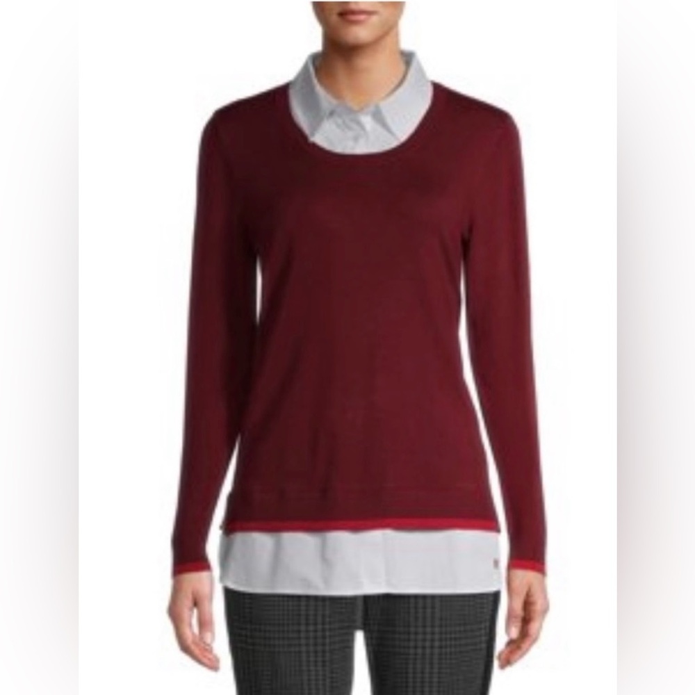 EV1 From Ellen Degeneres Red Wine and White Layered Top Two-Fer Sweater Size L